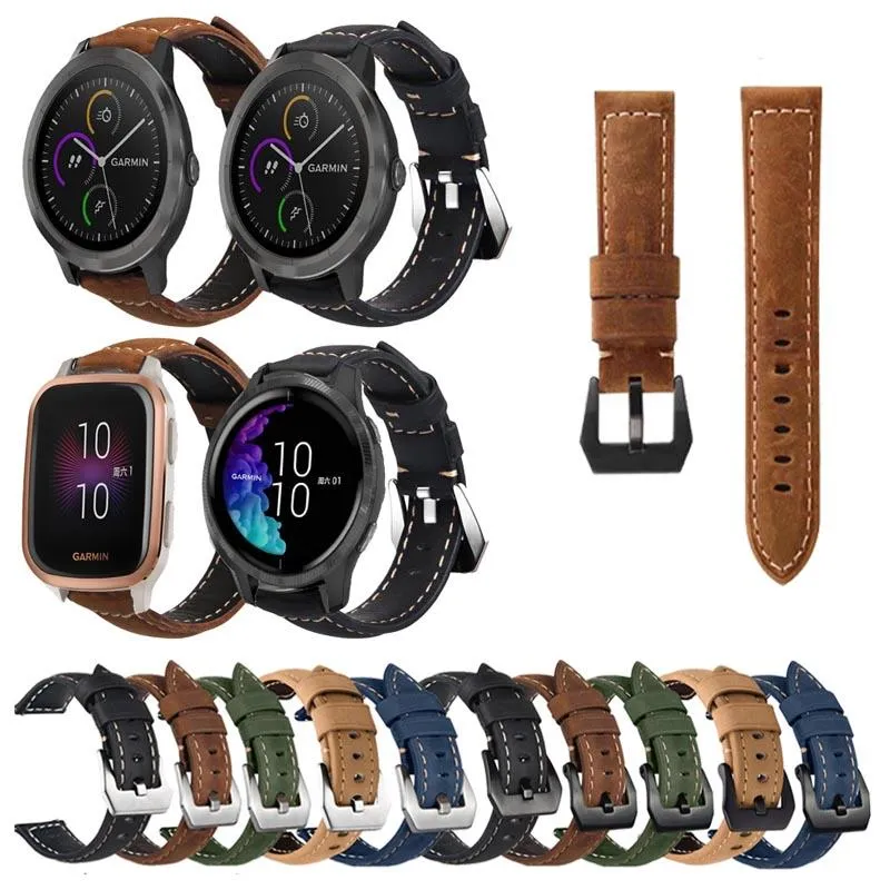 Assista bandas Bands Crazy Horse Horse Genuine Leather Strap Band para Garmin Vivoactive 3 Music Venu SQ Watchband 20mm