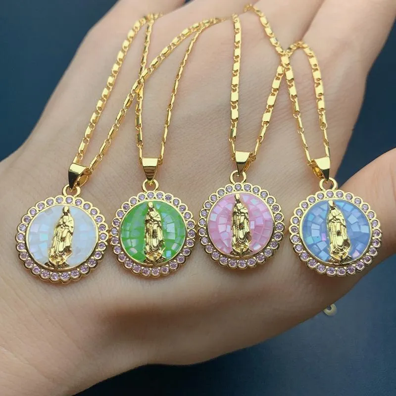 Pendant Necklaces Round Color Sea Shell Zircon Guadalupe Virgin Mary Necklace For Women 2023 Fashion Religious Girls Gift Jewelry