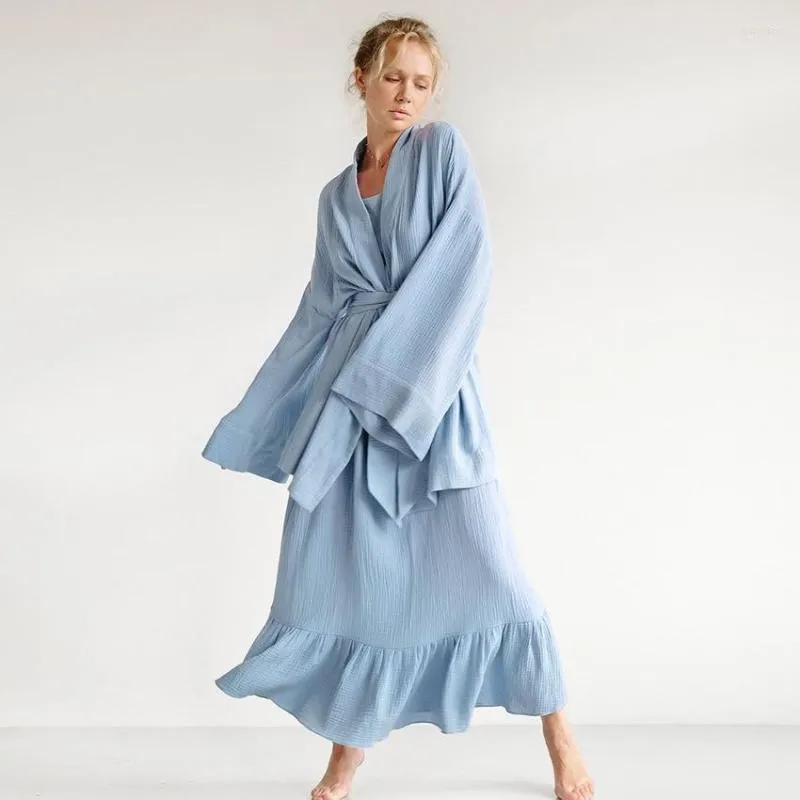 Damska odzież sutowa 2023 Moda długa koszulka nocna z szaty rękawowe damski garnitur domowy marszczone paski bawełniane piżamę damską odzież domową