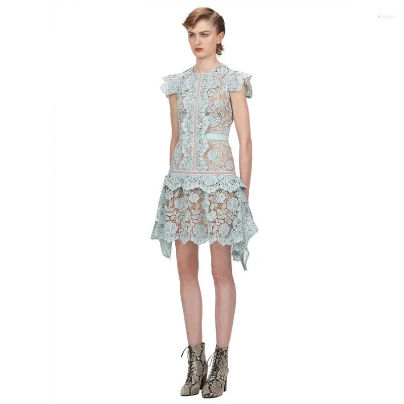 Yilin Kay Custom Dress for Women - Light Blue Flower Embroidery, Hollow Out Lace, Perfect for Summer Parties
