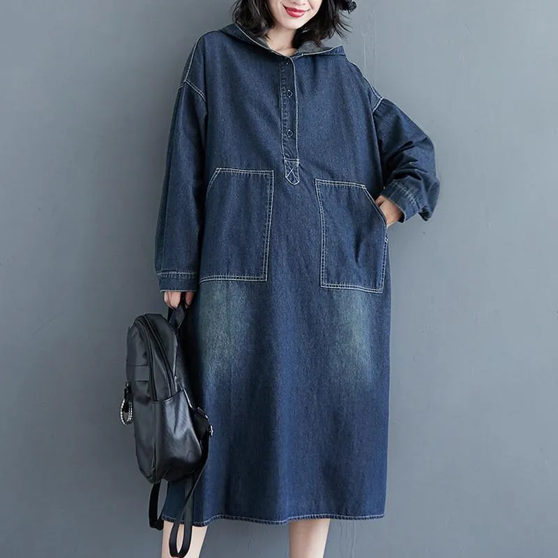 Casual Dresses Johnature Long Sleeve Denim Loose Plus Size Dress 2023 Spring Vintage Solid Color Hooded Pockets Button Women