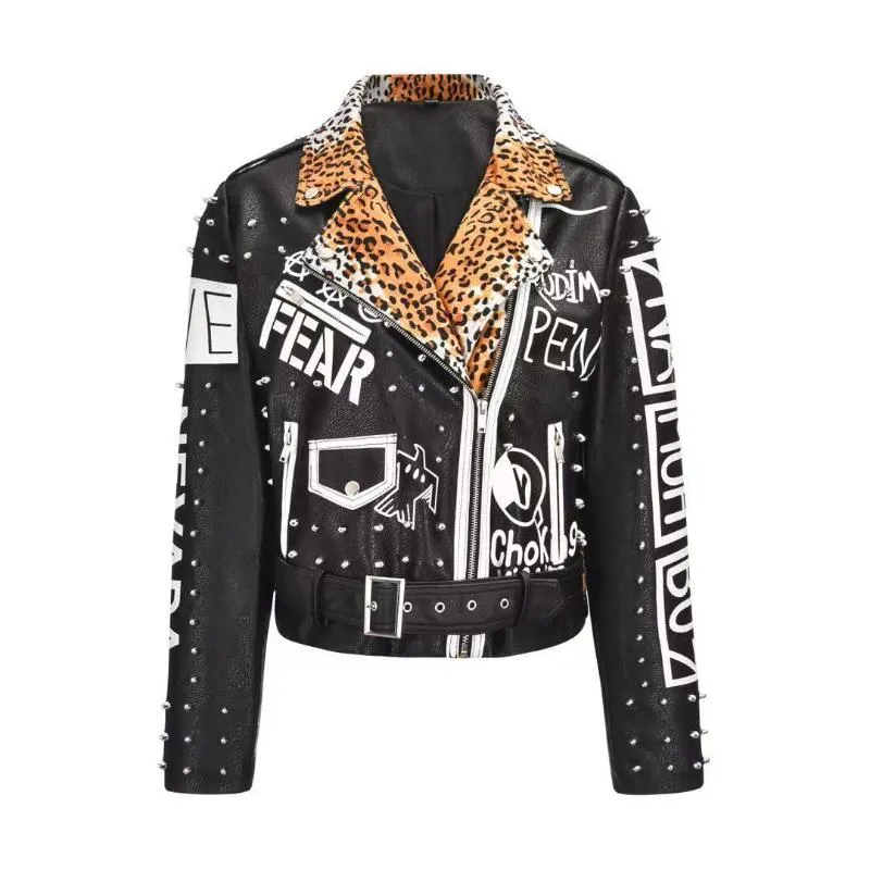 Women's Leather & Faux Thailand Tide Brand Product Rivet Leopard Pattern Stitching Heavy Industry Graffiti Printing Motorcycle Punk ROWomen'