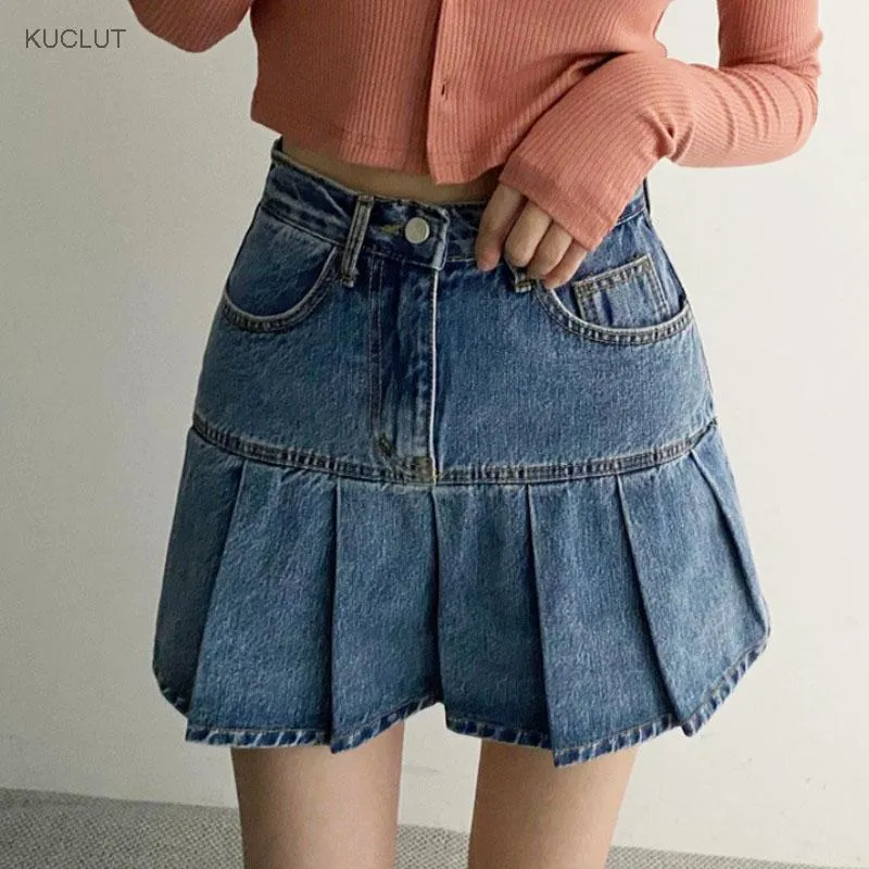 Skirts South Korea Chic Summer Sweet Ruffle High Waist Pleated Skirt A-line Thin Anti Light Denim