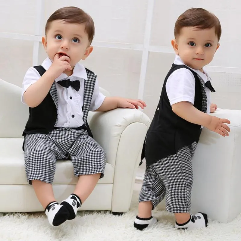 Conjuntos de ropa TELOTUNY Niño Bebé Niños Caballero Bowtie Plaid Swallowtail Romper Mono Trajes Conjunto de verano de manga corta