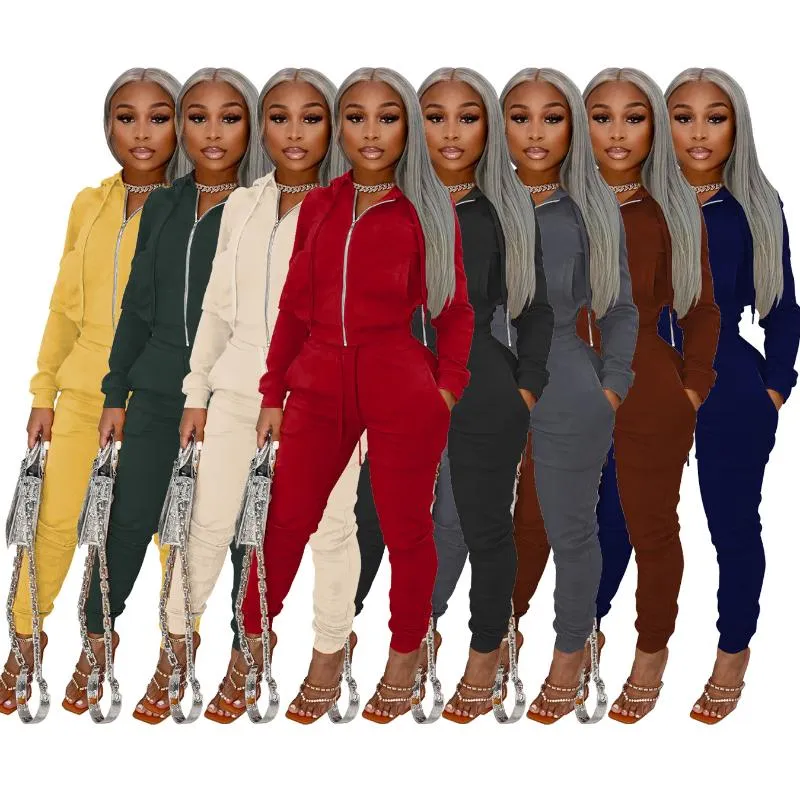 Pantalon deux pièces pour femmes couleur unie ensemble femmes survêtement printemps automne vêtements fermeture éclair à manches longues sweats à capuche haut costume long tenues décontractées