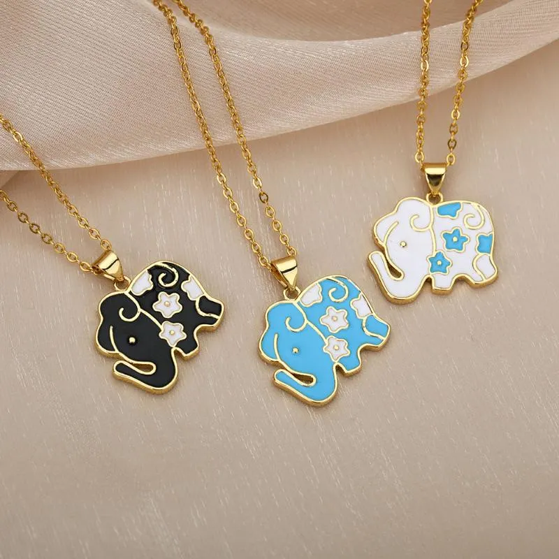 Pendant Necklaces Cute Black White Enamel Elephant Necklace Gold Silver Color Chain Link & For Women Jewelry GiftsPendant