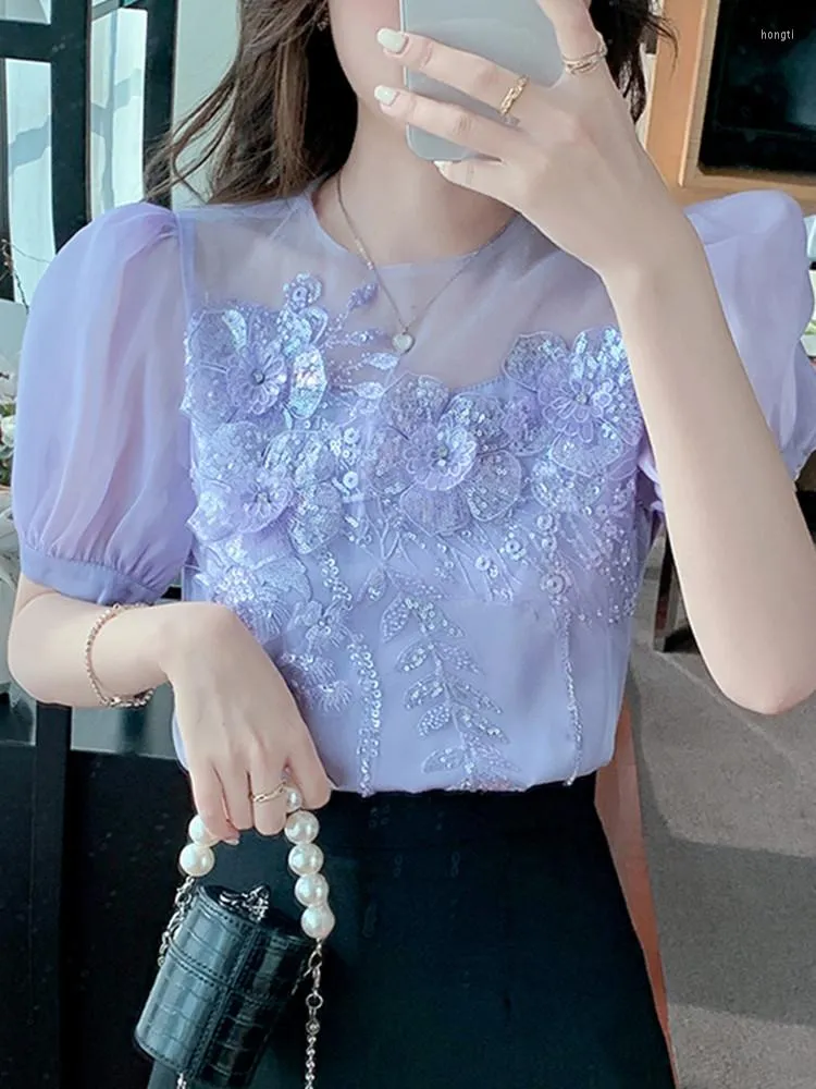 Damskie bluzki letnie haftowane kwiat z koraliki pusta design damski top damski riund szyję cekinowa matowa koszula mody