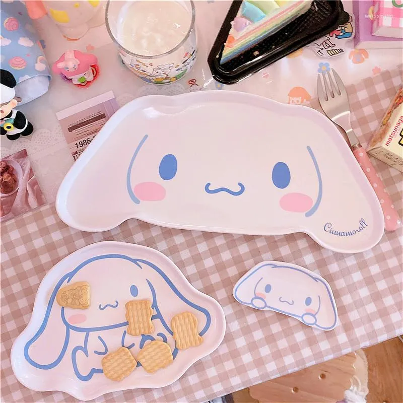 Tallrikar söt anime fruktplatta serverande kök bestick set melamine kawaii big ear dog gabel mata skål