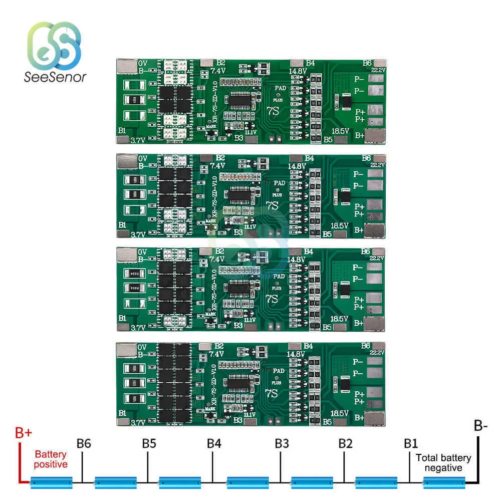 BMS 7S 24V 10A 15A 20A 30A 18650 Lithium Battery Protection Board W/ Balanced Common Port Equalizer for Power Bank Charge