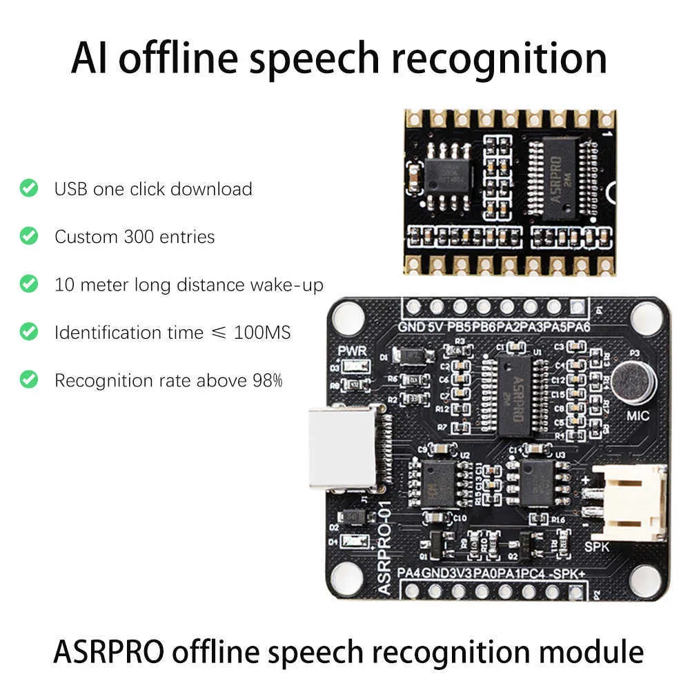 ASRPRO Intelligent Offline SPEECKEMENTE MODULE MODULE STEM Board Ondersteuning UART/12C/PWM/SPI/GPI0 3.6V-5V Voedingsvoorziening