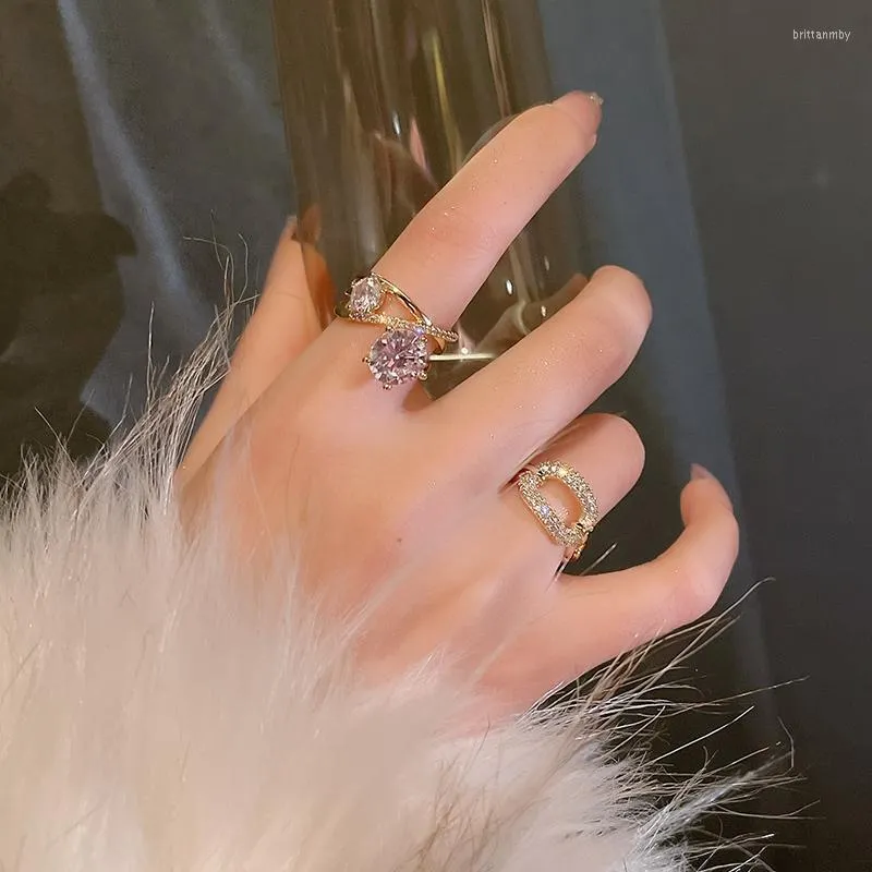 Cluster Rings Korea Design Fashion Jewelry 14K Real Gold Plating Zircon Geometry Ring Luxury Dark Blue Women's Open Adjustable RingClust