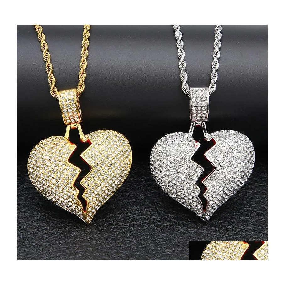 Pendentif Colliers Glacé Brisé Amour Coeur Hommes Bling Cristal Strass Charme Or Sier Chaîne Torsadée Pour Femmes Hip Hop Drop Deli Oti37