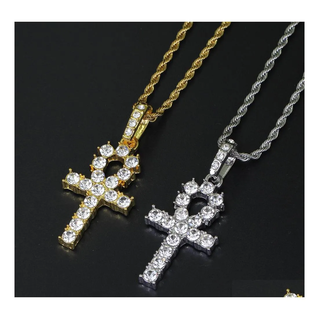 Collane con ciondolo Hip Hop Zircone Croce Collana Regali Oro Sier Colore Cristallo Lunga catena Uomo Donna Fascino Gioielli Drop Delivery Pendan Dhvno