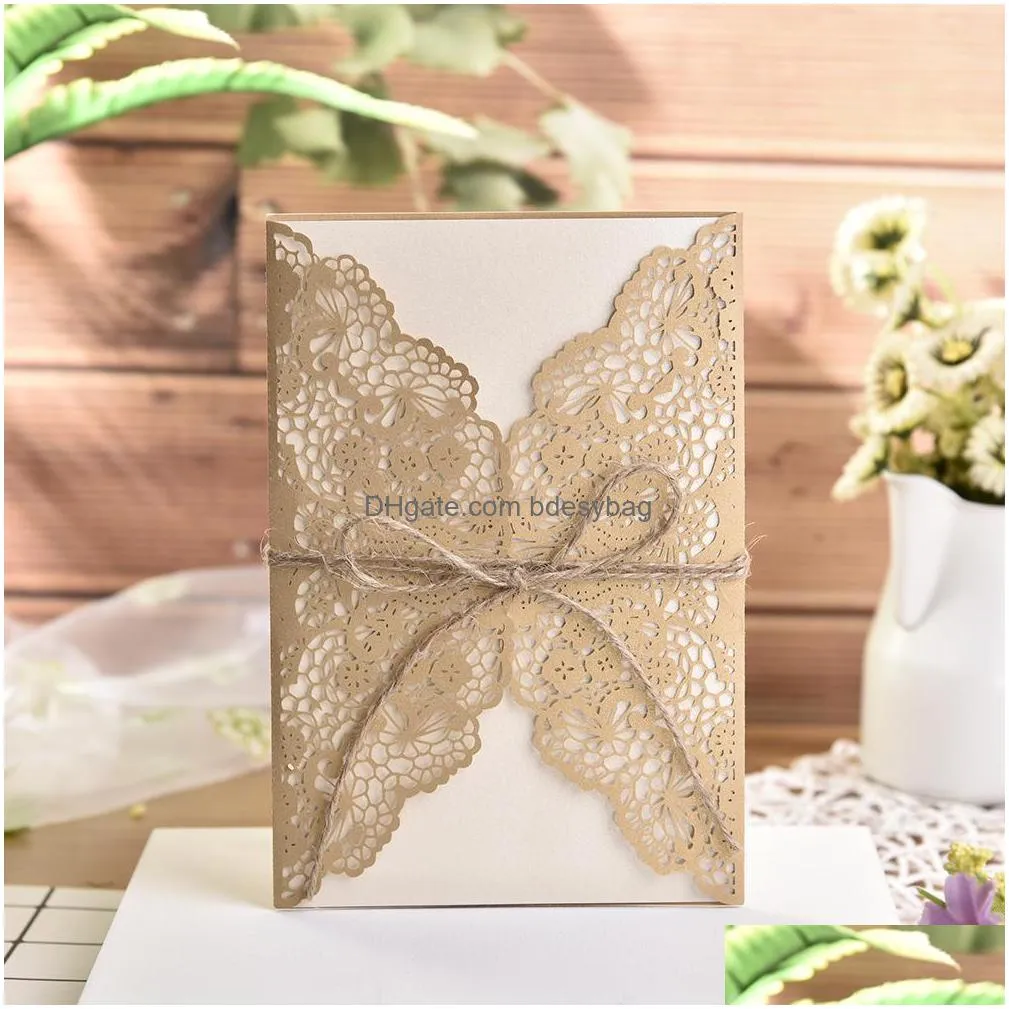 greeting cards 10pcs year wedding invitations flower pattern laser cut lace west customize invitation send seal envelope1