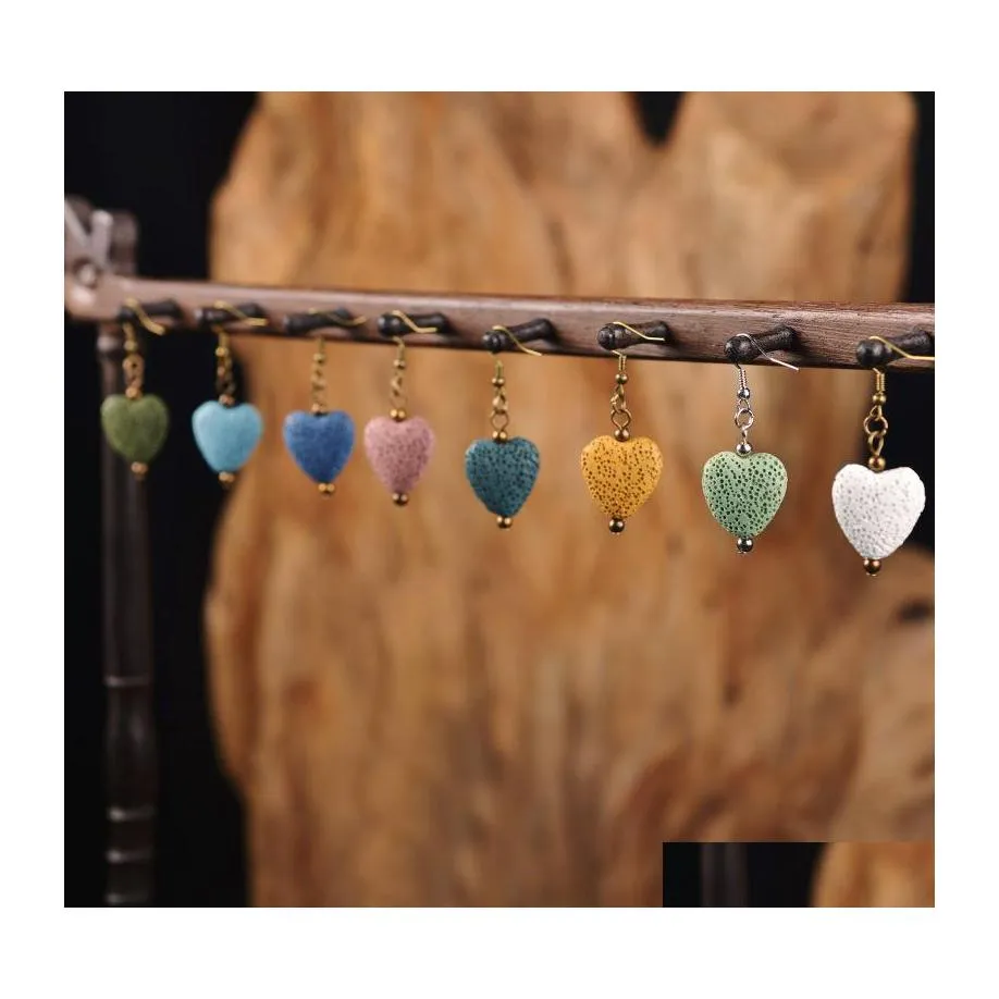 Dangle Chandelier 8 Colors Lava Rock Heart Shape Earrings Essential Oil Diffuser Natural Stone Drop Ear Rings For Women Fashion Ar Dh4Ul