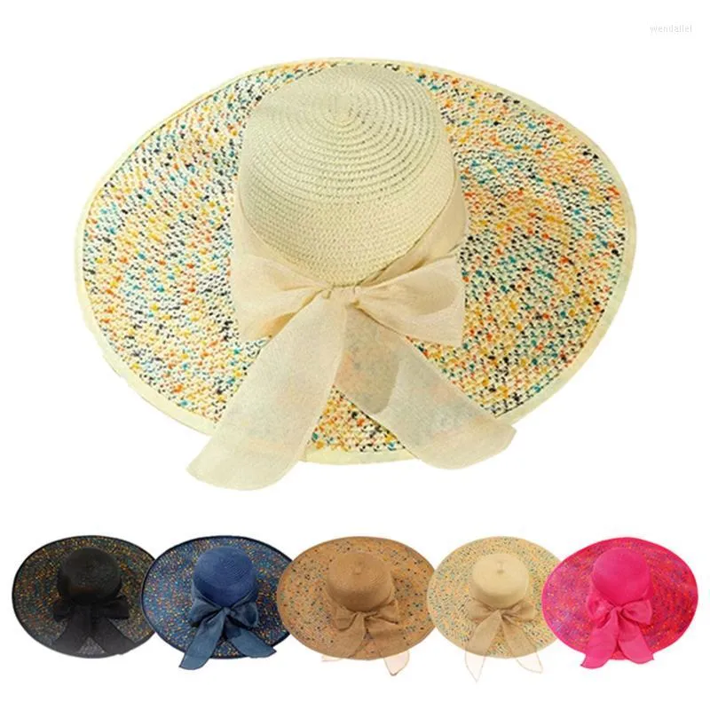 Chapéus largos da borda Moda Sol para mulheres meninas chapéu de palha de palha verão Bowknot Bohemia Beach Capbon Printing Hatwide Wend22