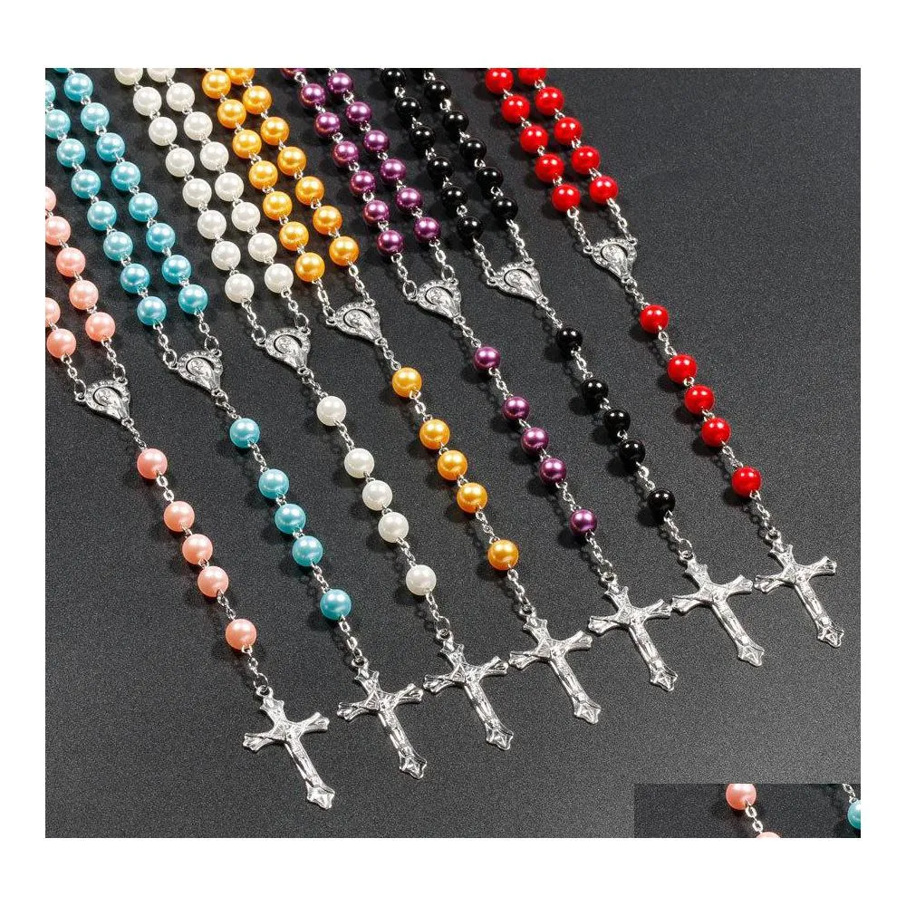 Pendentif Colliers 7 Couleurs Religieux Catholique Chapelet Jésus Croix Longue 8 Mm Chaînes De Perles Pour Femmes Hommes Chrétien Bijoux Cadeau Drop Deli Dhqsv