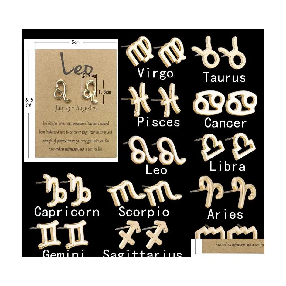 Boucles d'oreilles Stud Horoscope 12 Constellation Astrologie Plaqué Or Petite Oreille Femmes Filles Anniversaire Anniversaire Amitié Bijoux Cadeau 1 Dhf3N