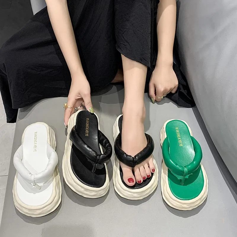 Slippers Women's Korean Simple Style Round Head Split Toe Open Muffin Thick Bottom Flat Heel Fashion Sandals And SlippersSlippers