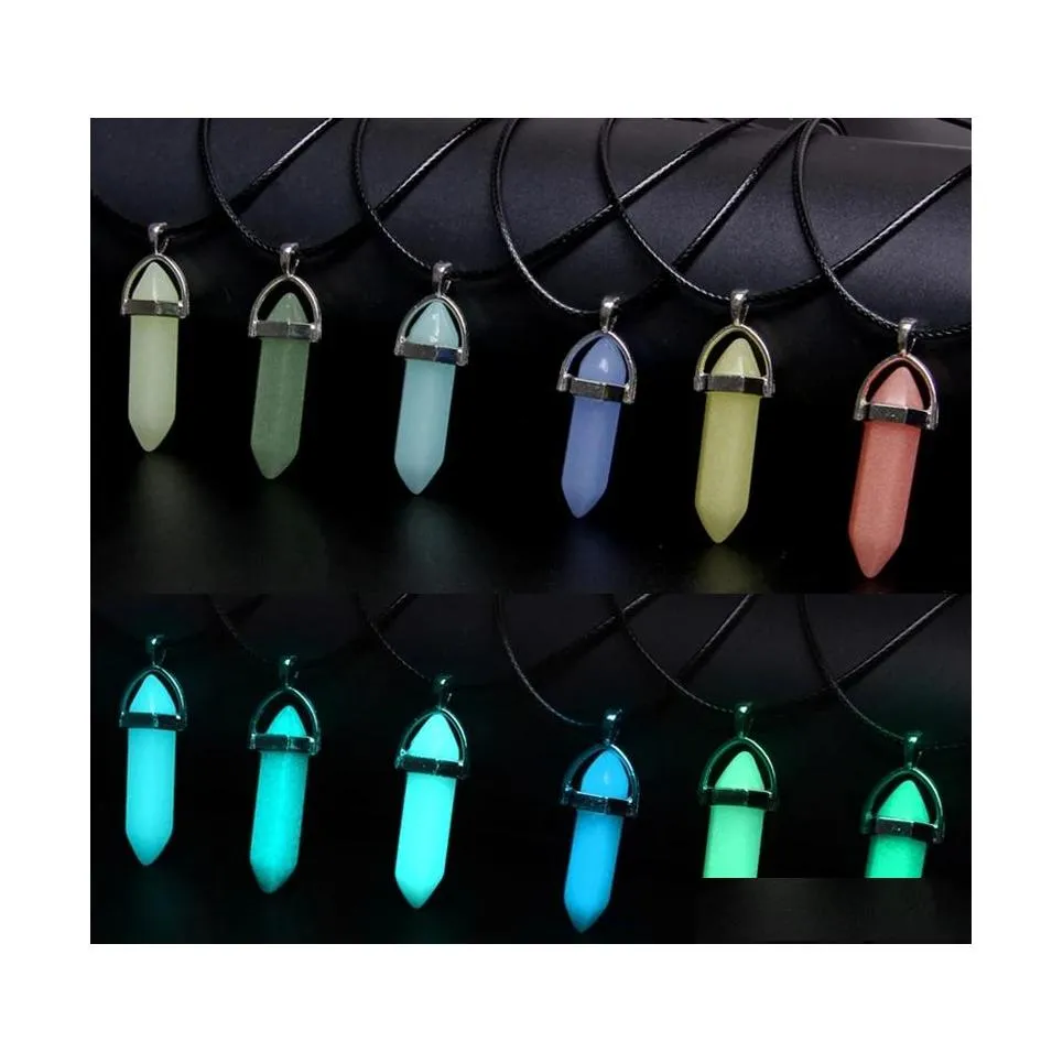 Konst och hantverk Lysande stenhalsband Hexagonal Column Pendant Men Women Natural Chalcedony Choker Glow In Dark Jewelry Gift Drop Dhrft