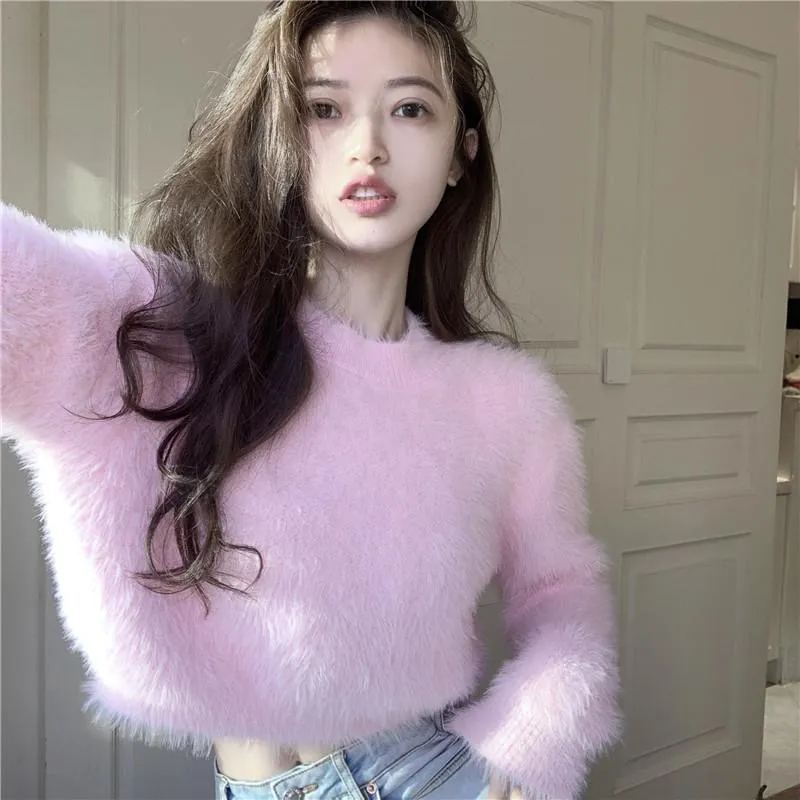 Women's Sweaters Sweet Faux Mink Hairy Pullover Sweater For Women O Neck Long Sleeve Loose Short Lady Casual Soft Warm JumperWomen's