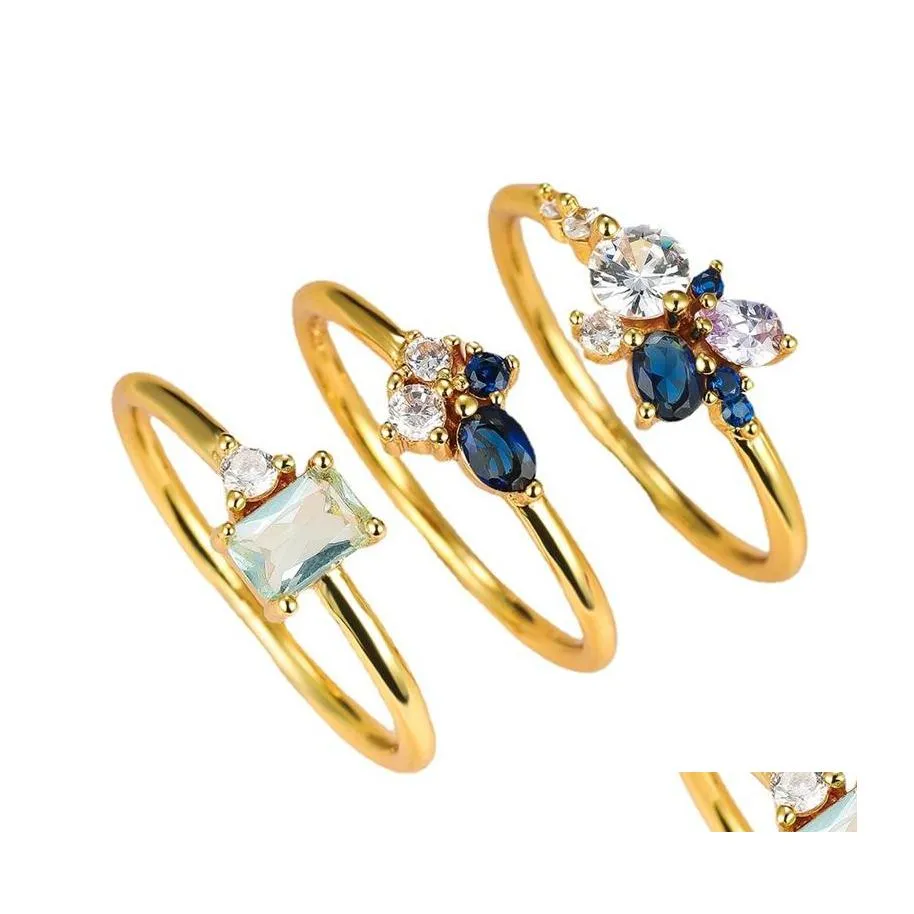 Wedding Rings Cute Female White Blue Crystal Ring Set Yellow Gold Color For Women Luxury Bride Round Square Oval Engagement 1908 T2 Dh6Nz