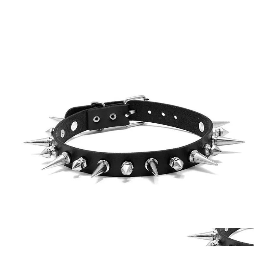 Gargantillas Punk Rock Gargantilla gótica Mujeres Hombres Pu Cuero Sier Color Spike Rivet Stud Collar Collar Declaración Fiesta Joyería Drop Delive Ott6Q