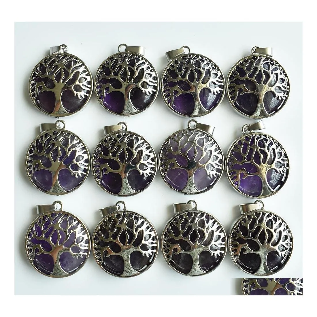 Konst och hantverk Natural Stone Charms Tree of Life Amethyst Pendants Chakras Gem For Jewelry Accessories Necklace Marking Drop Delive DHWFX