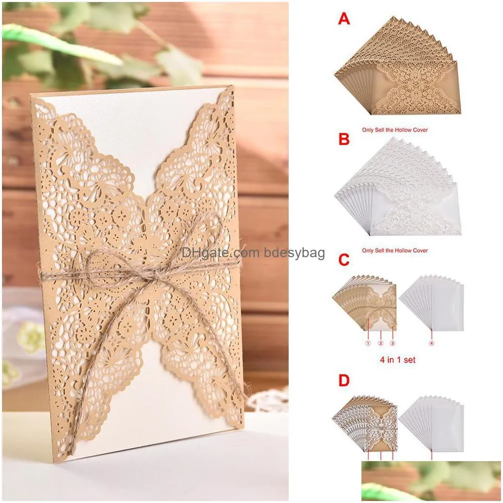 greeting cards 10pcs year wedding invitations flower pattern laser cut lace west customize invitation send seal envelope1