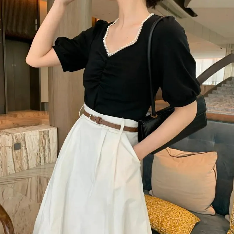 Casual Dresses Age-Reducing Summer Adult Lady Like Woman Workplace Graceful Puff Sleeve V-neck T-shirt High Waist Skirt Two-Piece SetCasual