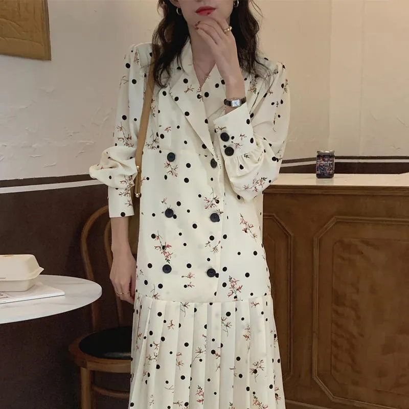 Casual jurken pak kraag geplooide jurk vrouwen dubbele borsten polka dot bloemen losse midi vrouwelijke kleding lente 2023 vestidoscasual