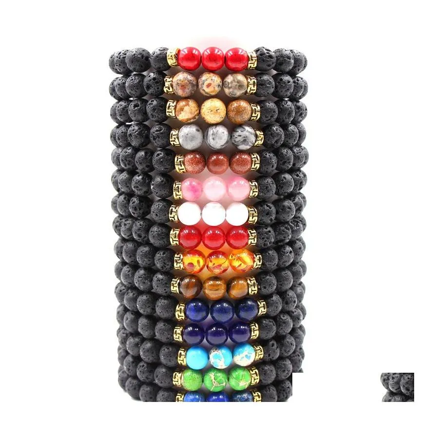 Brins de perles Lava Rock Stone Perles Bracelet Chakra Charm Naturel Huile Essentielle Diffuseur Chaîne Pour Femmes Hommes Mode Artisanat Bijoux Ott0C