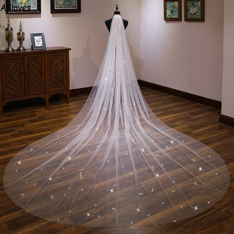 Véus de casamento de lantejoulas brilhantes para noivas marfim champanhe tule uma camada brilho véus de noiva longa catedral acessórios de cabelo feminino al8233