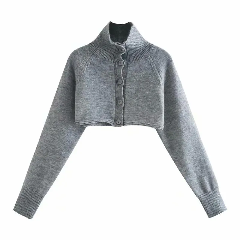 Damen-Strick-T-Shirts, 2023ste Damen-Kurzstrick-Oberteile, lässige Zopfmuster-Cardigan-Pullover, lange Ärmel, schlichter Rollkragenpullover, Knopfleiste, Cardi