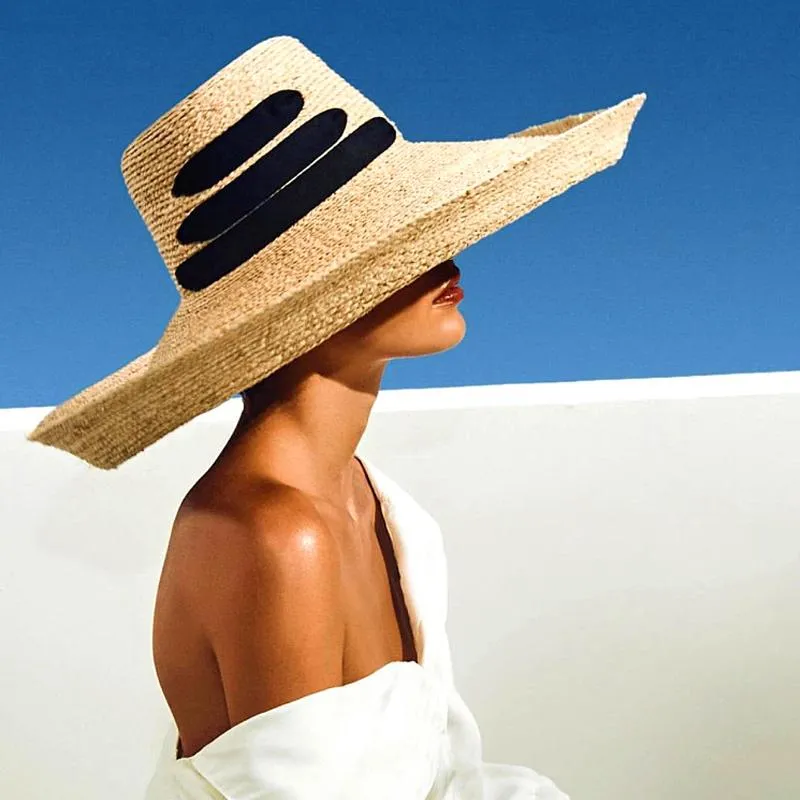 Chapéus de aba larga feminino 18 cm de praia chapéu de palha model show de moda retro crimpando sun verão de verão ajustável banda de banda