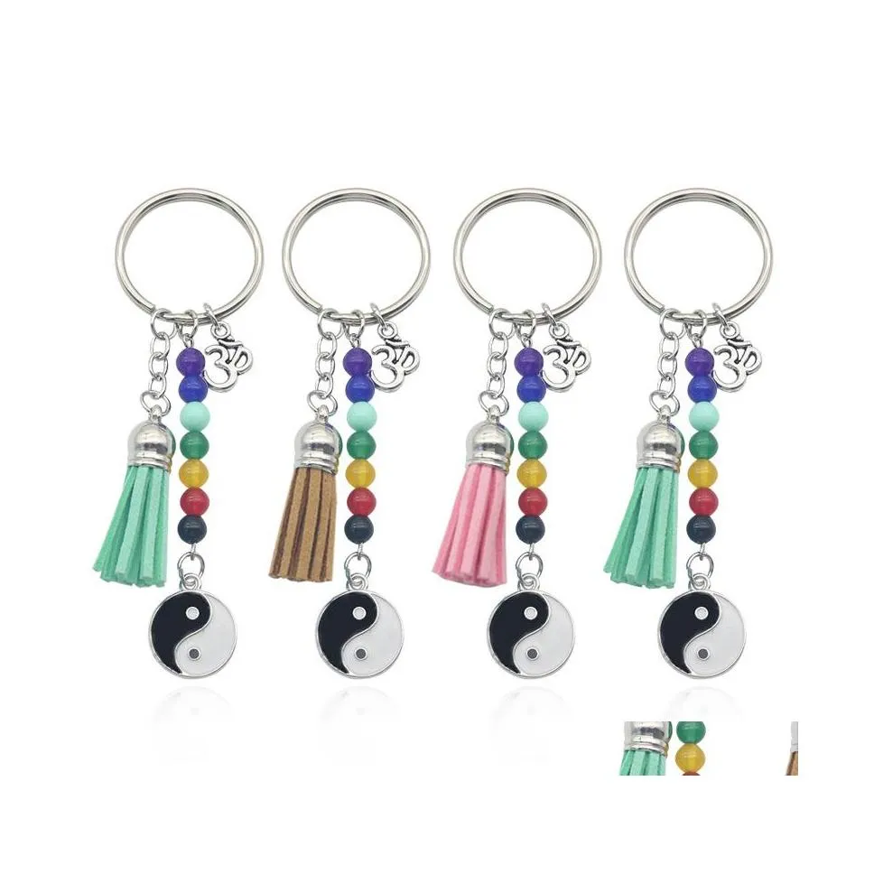 Key Rings Wholesale Handmade Colorf Seven Chakras Yoga Keychain Personality Tai Ji Pendant Tassel Keyfob Metal Fitness Drop Delivery Dh3T0