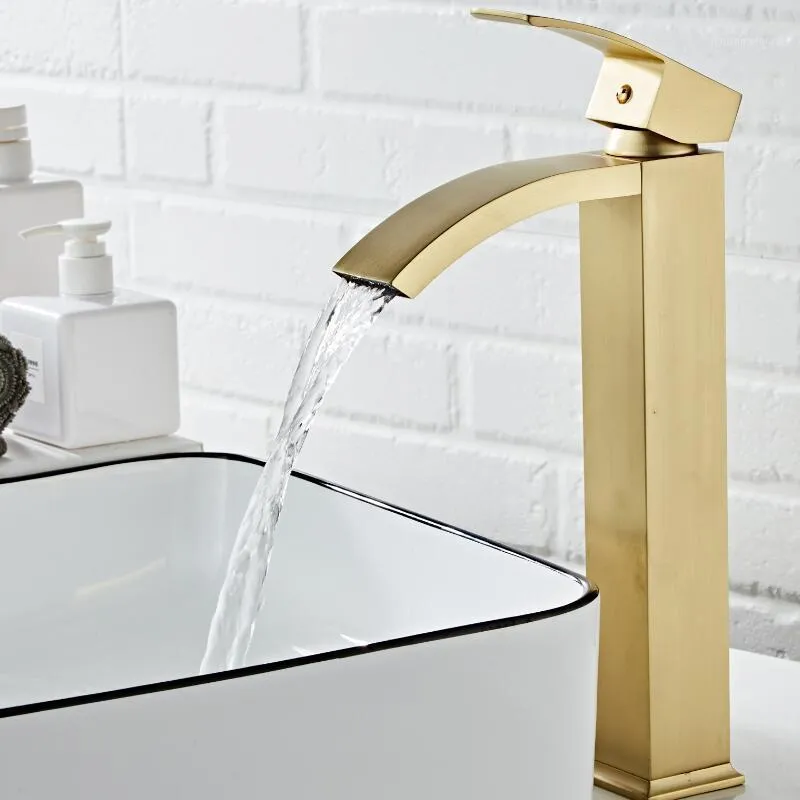 Bathroom Sink Faucets Basin Faucet Brass Brushed Gold Single Handle Torneiras Para Pia De Banheiro Wash Waterfall