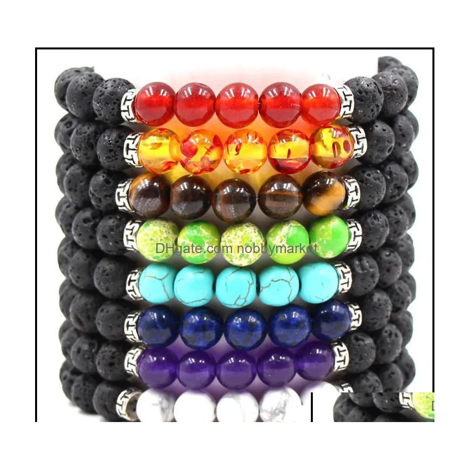 Fios de miçangas pulseiras de jóias chakra lava rock para homens mulheres cura natural cristal nce stone tigre olho picadas cadeias de cordas gota dhmuj