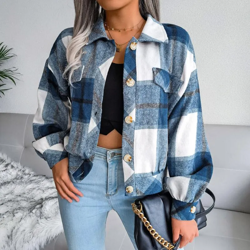 Kvinnorjackor Retro Plaid Woolen Women Jacket Spring Autumn Casual Lantern Sleeve Short Coat Woman Fashion Lapel Ladies Cardigan Clothes 2