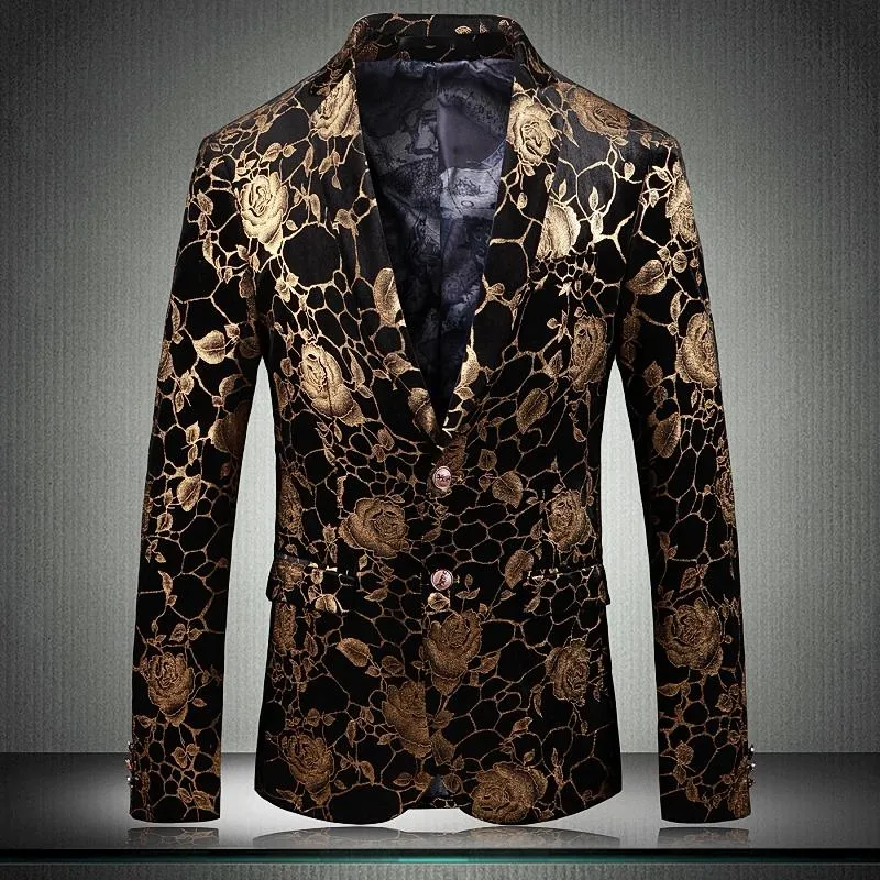 Trajes de Hombre Blazers Veston Costume Homme Gold Printed Mens 5XL Plus Size Luxury Floral Blazer Party Dress Blanco Hombre