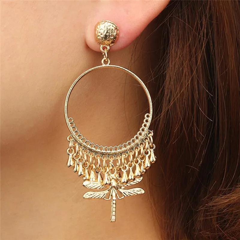 Brincos Dangle Dragonfly Big Circle Geométrico Pingente Pingente de Ear Stud Wedding Party Birthday Gift for Women Acessory Jewelry #290945 lustre