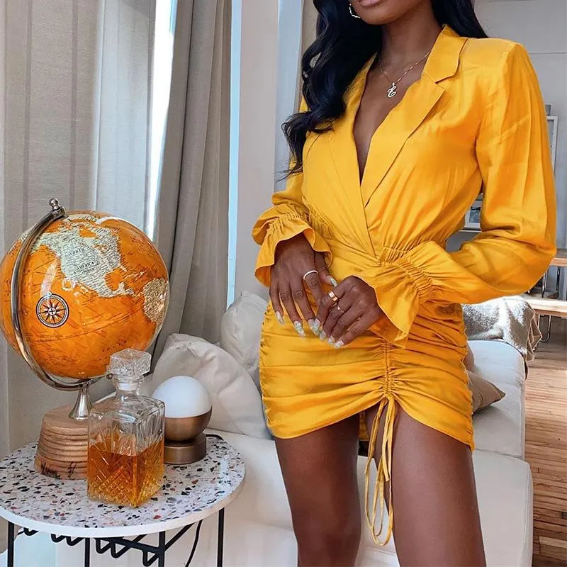 Casual Dresses Elegant Lantern Sleeve Sexy Sheath Dress Yellow Spring Autumn Fashion Lapel Pleated Drawstring 2023 OL Women BlackCasual