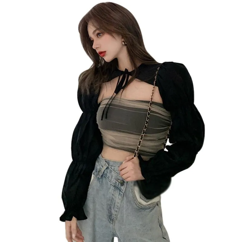 Women's Blouses & Shirts Fashion Female Design Sense Stitching Tube Top Two-piece Blouse Mesh Belt With ShawlWomen's