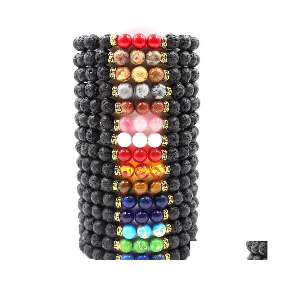 Charm Bracelets 7 Chakra Men Bangle Black Lava Stone Beaded Bracelet For Women Jewelry Christmas Gift G110S Z Drop Delivery Dhzjp