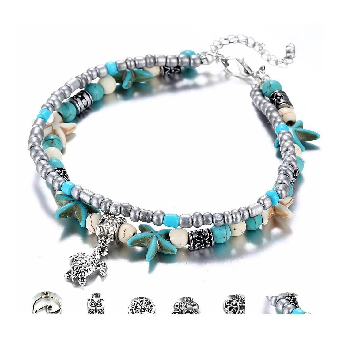 Anklets Bohemian Starfish Turtle for Women Boho Elephant Owl Wave Charm Beads Kamienny łańcuch kostki