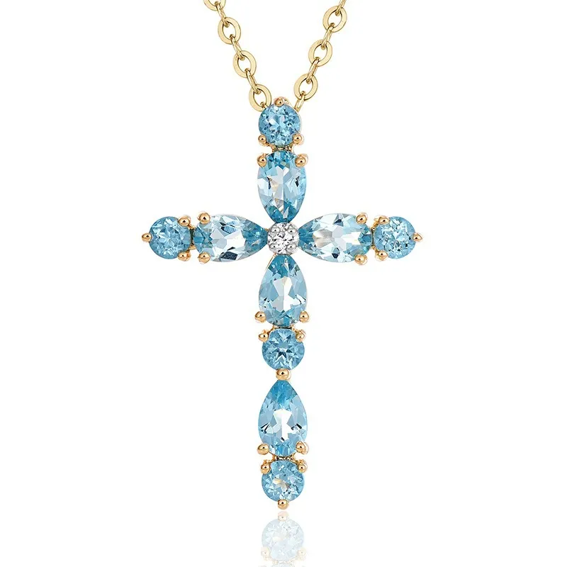 Colar elegante Mulheres Mulheres Europeias e Americanos Estilo Americano Blue Zircão Cruz Pingente Amarelo Gold Gold Colar Doce Colar Girlas Partido de Casamento Joeta Presente de Aniversário