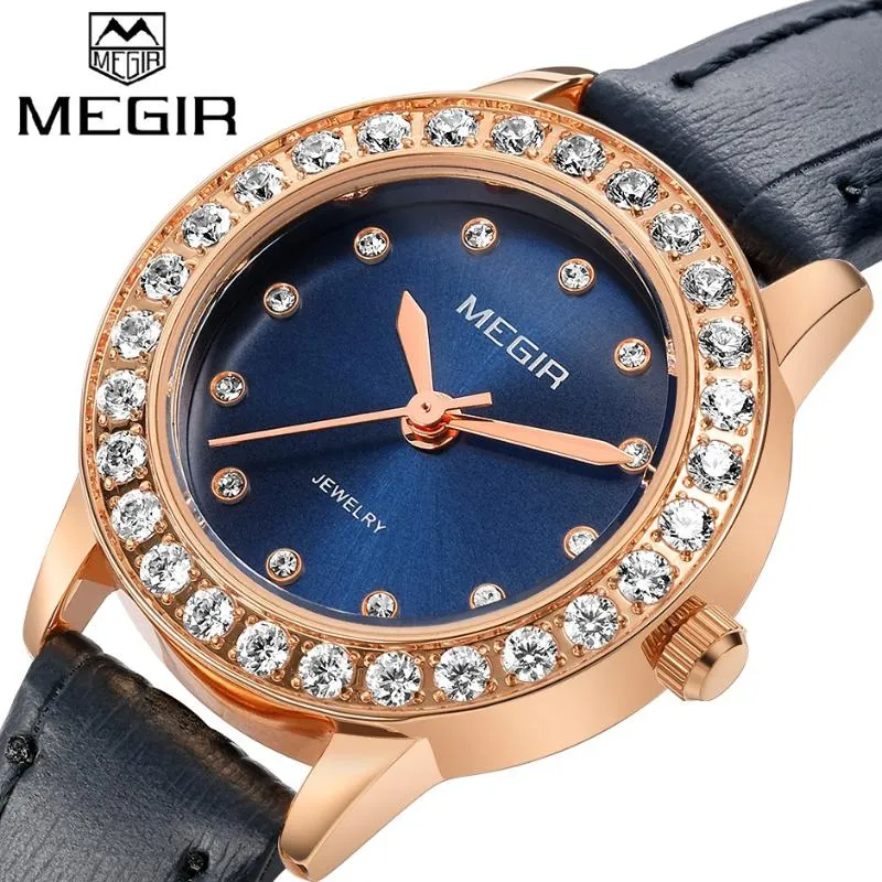 Orologi da polso MEGIR Orologio da donna originale di marca Orologio da polso femminile con cinturino piccolo Bling Orologio elegante in cristallo pieno di diamanti in oro rosa