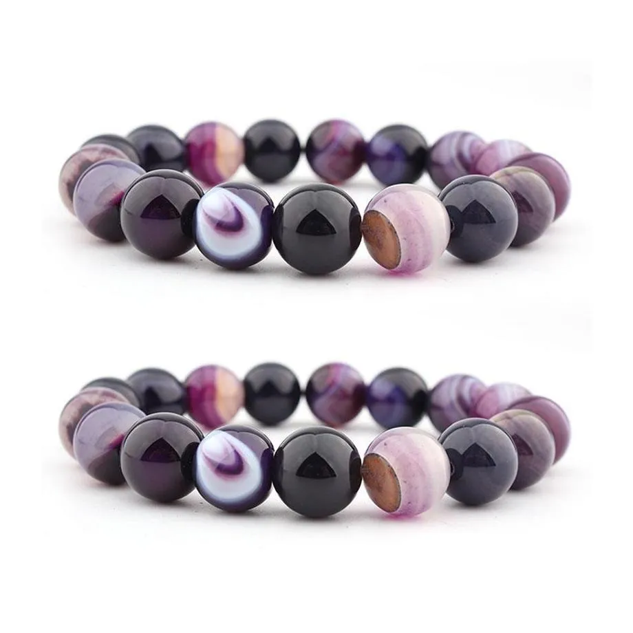 Andra armband Natural Crystal Bangle 14mm Purple Striped Agate Ball Diy Bead Armband Smycken Kvinnor H541F Z Drop Delivery Dh6xu