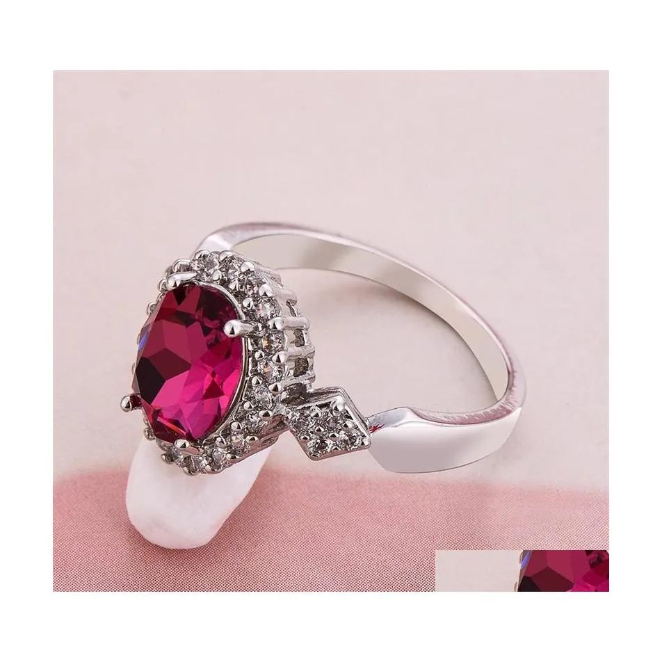 Anillos de boda de lujo femenino arco iris cristal circón anillo de piedra vintage azul rojo púrpura compromiso elegante nupcial para las mujeres 3556 Q2 Dr Dhszm