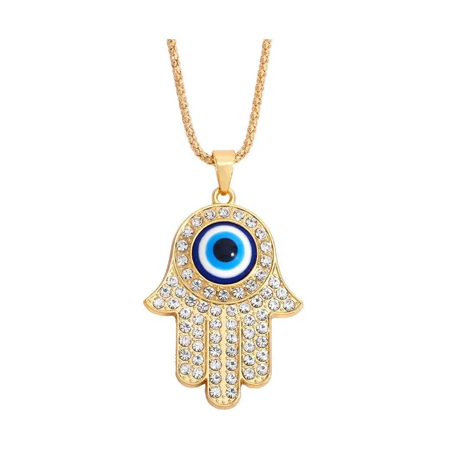 Pendant Necklaces 2021 Fatima Hand Necklace For Women Turkey Evil Blue Eyes Crystal Sweater Chain Alloy Gold Plated Jewelry Drop Del Dhwqa